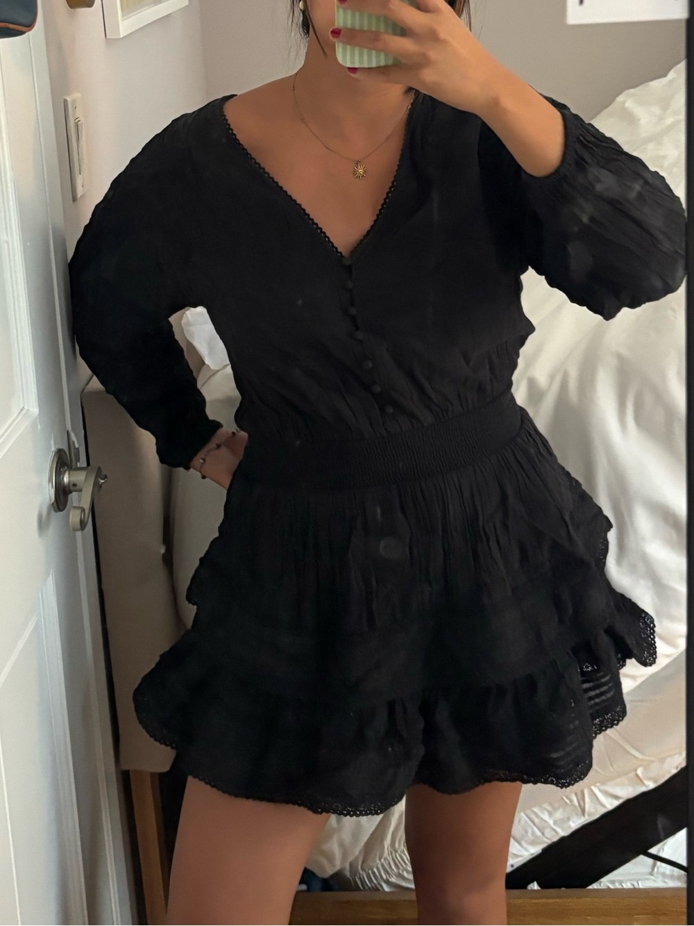 Aerie Black Long-Sleeve Ruffle Mini Dress